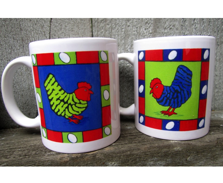 Blue and Green Cheeky Chook Mugs (11 ounces)