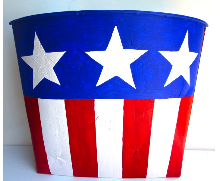 Flag Bucket 2012 acrylic on vintage metal Canadian sap bucket (front view)