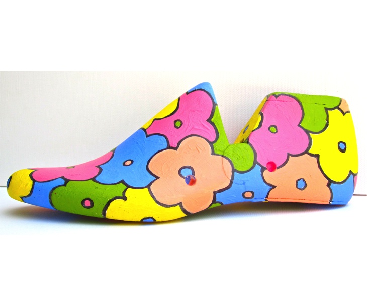 Flower Patch 1 2012 acrylic on antique wooden shoe last (left view ) SOLD