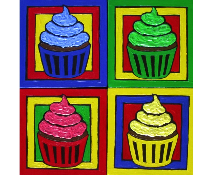 Four Jewel-Tone Cupcakes 2011 Four 6x6 Panels acrylic on canvas SOLD