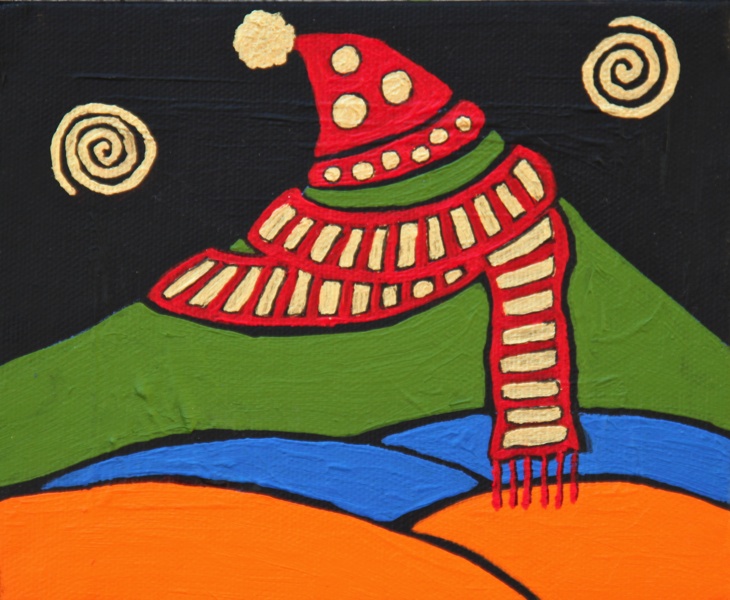 Mt. Tam with Hat and Scarf 2011 5x6 acrylic on canvas