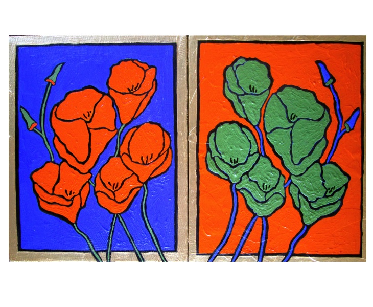 Orange and Green Poppies 2011 16x10 (two panels) acrylic on canvas