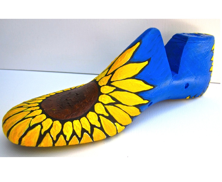 Sunflower 1 2012 acrylic on antique wooden shoe last (left view )