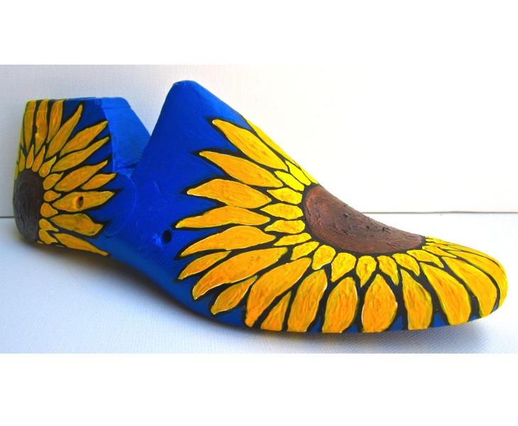 Sunflower 1 2012 acrylic on antique wooden shoe last (right view )