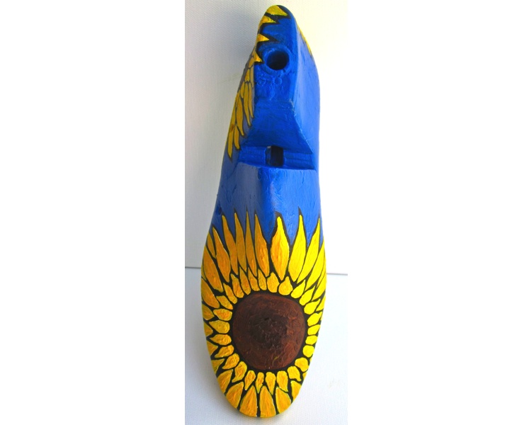 Sunflower 1 2012 acrylic on antique wooden shoe last (top view )