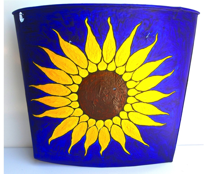 Sunflower Bucket 2012 acrylic on vintage metal Canadian sap bucket (front view)