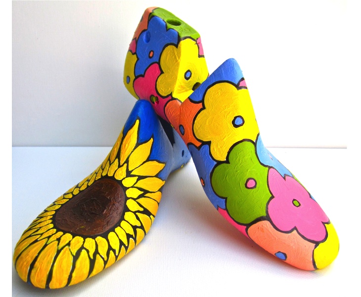 Sunflower 1 & Flower Patch 1 2012 acrylic on antique wooden shoe lasts 