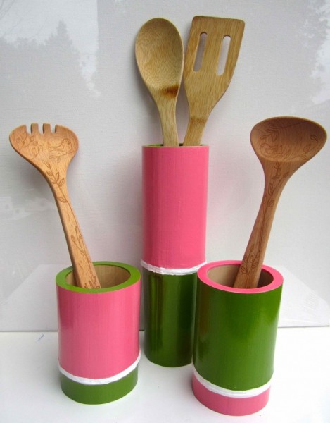 Pink & Green Bamboo Vessels 2013 acrylic & varnish on bamboo