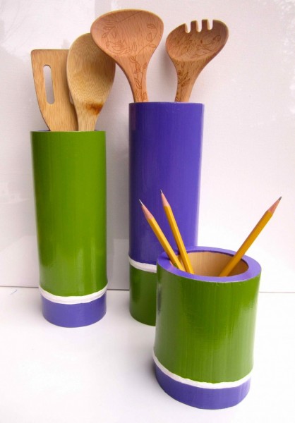 Purple & Green Bamboo Vessels 2013 acrylic and varnish on bamboo