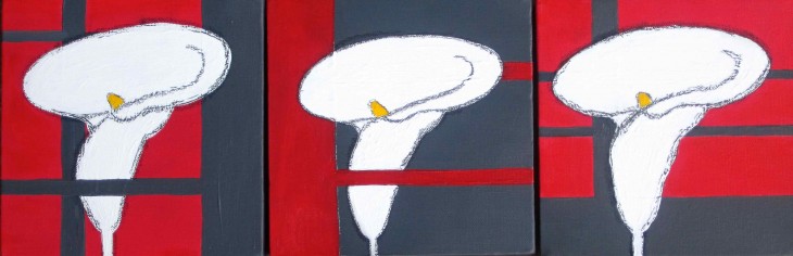 Study in Cala Lilies, Red 2013 6x6 (three panels) acrylic and charcoal on canvas