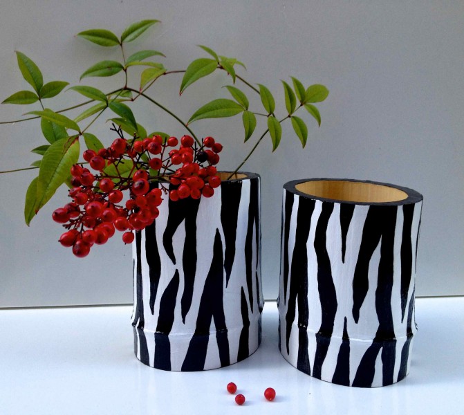 Zebra Stripe Bamboo Vessels 2013 acrylic and varnish on bamboo SOLD